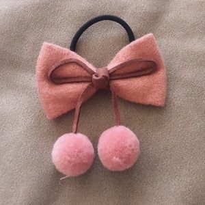 Pink Bow Tie Pom Pom Hair Tie